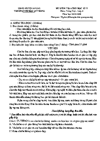 Đề kiểm tra cuối học kì II môn Tiếng Việt 4 - Trường TH An Thắng, Huyện An Lão (Năm học 2024-2025)(Ma trận + Hướng dẫn chấm)