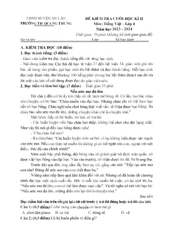 Đề kiểm tra cuối học kì II môn Tiếng Việt 4 - Trường TH Quang Trung, Huyện An Lão (Năm học 2023-2024)(Ma trận + Hướng dẫn chấm)