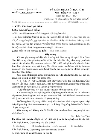 Đề kiểm tra cuối học kì II môn Tiếng Việt 5 - Trường TH Quang Trung, Huyện An Lão (Năm học 2023-2024)(Ma trận + Hướng dẫn chấm)