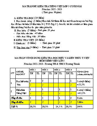 Đề kiểm tra cuối học kì II môn Tiếng Việt 5 - Trường TH-THCS Trường Thành, Huyện An Lão - Năm học 2022-2023 (Ma trận + Đáp án)