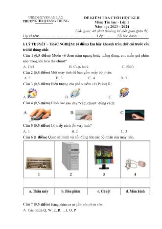 Đề kiểm tra cuối học kì II môn Tin Học 1 - Trường TH Quang Trung, Huyện An Lão (Năm học 2023-2024)(Ma trận + Hướng dẫn chấm)