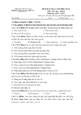 Đề kiểm tra cuối học kì II môn Tin Học 4 - Trường TH Quang Trung, Huyện An Lão (Năm học 2023-2024)(Ma trận + Hướng dẫn chấm)