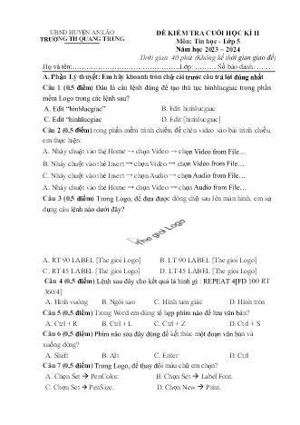 Đề kiểm tra cuối học kì II môn Tin Học 5 - Trường TH Quang Trung, Huyện An Lão (Năm học 2023-2024)(Ma trận + Hướng dẫn chấm)