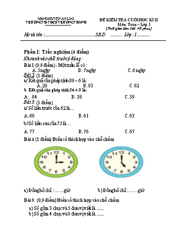 Đề kiểm tra cuối học kì II môn Toán 1 - Trường TH-THCS Trường Thành, Huyện An Lão - Năm học 2022-2023 (Kèm hướng dẫn chấm)
