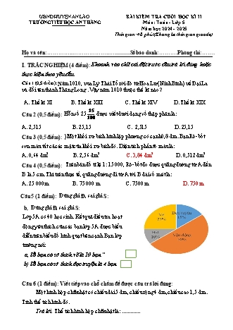 Đề kiểm tra cuối học kì II môn Toán 5 - Trường TH An Thắng, Huyện An Lão (Năm học 2024-2025)(Hướng dẫn chấm)