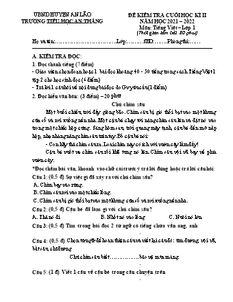 Đề kiểm tra cuối học kì II môn Toán, Tiếng Việt 1 - Trường TH An Thắng, Huyện An Lão (Năm học 2021-2022)(Hướng dẫn chấm)