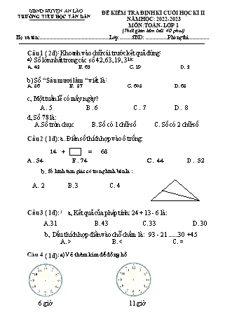 Đề kiểm tra cuối học kì II môn Toán, Tiếng Việt 1 - Trường TH Tân Dân, Huyện An Lão - Năm học 2022-2023 (Kèm hướng dẫn chấm)