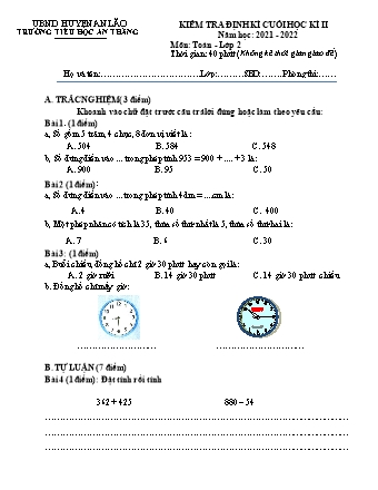 Đề kiểm tra cuối học kì II môn Toán, Tiếng Việt 2 - Trường TH An Thắng, Huyện An Lão (Năm học 2021-2022)(Hướng dẫn chấm)