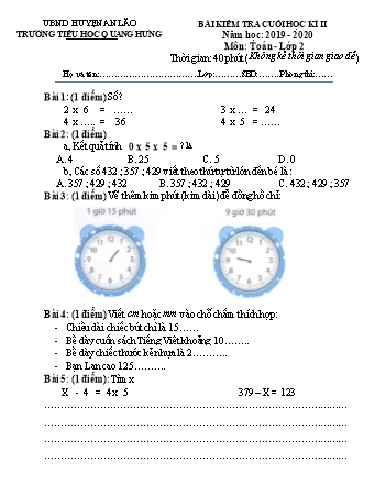 Đề kiểm tra cuối học kì II môn Toán, Tiếng Việt 2 - Trường TH Quang Hưng, Huyện An Lão (Năm học 2019-2020)(Ma trận + Hướng dẫn chấm)