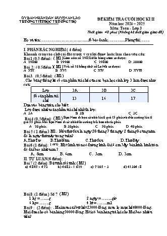 Đề kiểm tra cuối học kì II môn Toán, Tiếng Việt 3 - Trường TH Trường Thọ, Huyện An Lão - Năm học 2024-2025 (Đề 2)