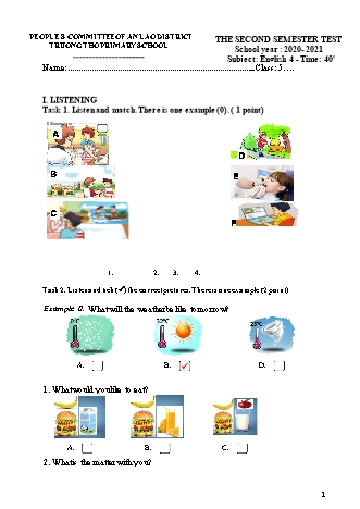 Đề kiểm tra cuối năm môn Tiếng Anh 4 - Trường TH Trường Thọ, Huyện An Lão - Năm học 2020-2021 (Có đáp án)
