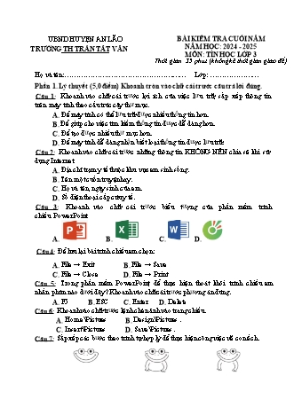 Đề kiểm tra cuối năm môn Tin Học 3 - Trường TH Trần Tất Văn, Huyện An Lão - Năm học 2024-2025 (Ma trận + Hướng dẫn chấm)