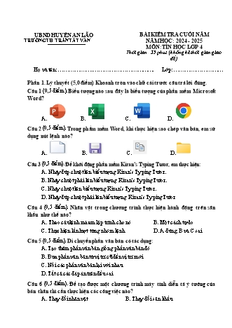 Đề kiểm tra cuối năm môn Tin Học 4 - Trường TH Trần Tất Văn, Huyện An Lão - Năm học 2024-2025 (Ma trận + Hướng dẫn chấm)