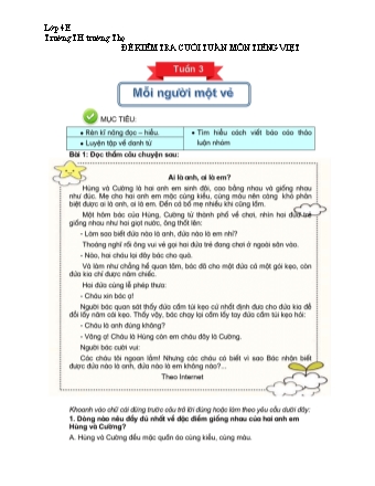 Đề kiểm tra cuối tuần môn Tiếng Việt 4 - Tuần 3 (Trường TH Trường Thọ)