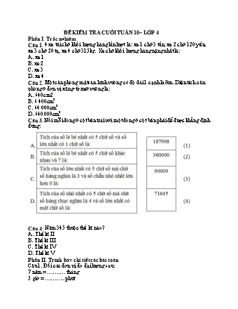 Đề kiểm tra cuối tuần môn Toán 4 - Tuần 10