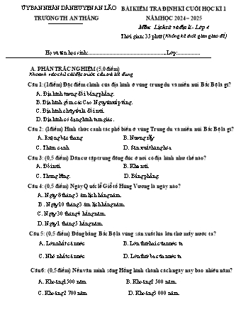 Đề kiểm tra định kì cuối học kì I môn Lịch sử và Địa lí 4 - Trường TH An Thắng, Huyện An Lão (Năm học 2024-2025)(Hướng dẫn chấm)