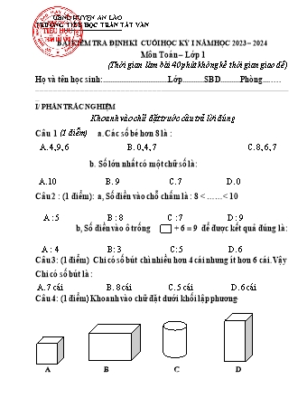 Đề kiểm tra định kì cuối học kì I môn Toán, Tiếng Việt 1 - Trường TH Trần Tất Văn, Huyện An Lão - Năm học 2023-2024 (Ma trận + Hướng dẫn chấm)