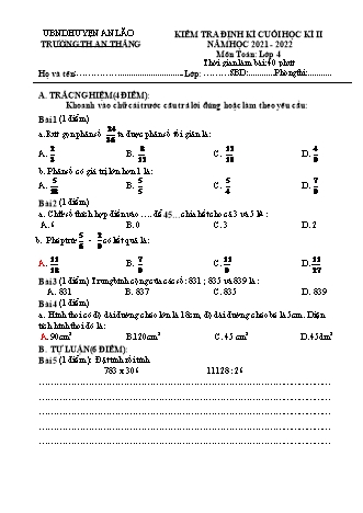 Đề kiểm tra định kì cuối học kì II môn Toán 4 - Trường TH An Thắng, Huyện An Lão (Năm học 2021-2022)(Hướng dẫn chấm)