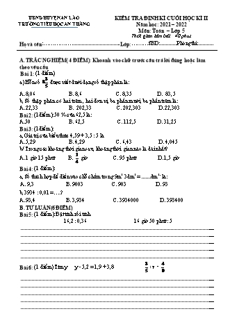 Đề kiểm tra định kì cuối học kì II môn Toán 5 - Trường TH An Thắng, Huyện An Lão (Năm học 2021-2022)(Hướng dẫn chấm)