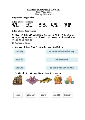 Đề kiểm tra định kì giữa học kì I môn Tiếng Việt 1 - Năm học 2024-2025 (Phạm Thị Tuyết)