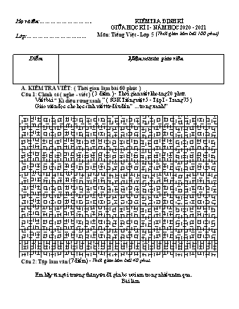 Đề kiểm tra định kì giữa học kì I môn Tiếng Việt 5 - Năm học 2020-2021 (Kèm hướng dẫn chấm)
