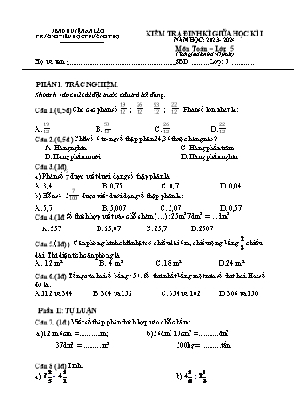 Đề kiểm tra định kì giữa học kì I môn Toán 5 - Trường TH Trường Thọ, Huyện An Lão - Năm học 2023-2024 (Ma trận + Đáp án)(Nguyễn Thị Vân Anh)