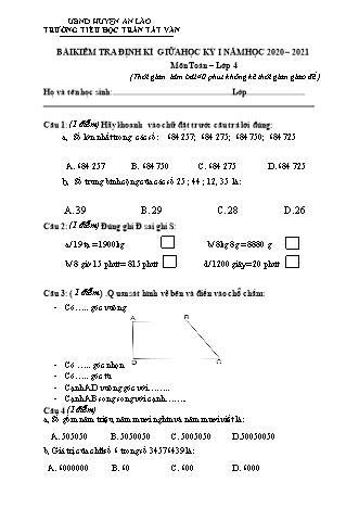Đề kiểm tra định kì giữa học kì I môn Toán, Tiếng Việt 4 - Trường TH Trần Tất Văn, Huyện An Lão - Năm học 2020-2021