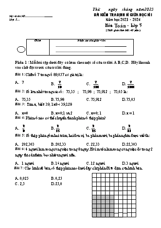 Đề kiểm tra định kì giữa học kì I môn Toán, Tiếng Việt 5 - Năm học 2023-2024 (Kèm hướng dẫn chấm)