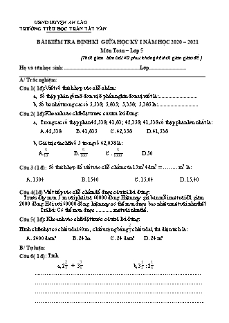 Đề kiểm tra định kì giữa học kì I môn Toán, Tiếng Việt 5 - Trường TH Trần Tất Văn, Huyện An Lão - Năm học 2020-2021