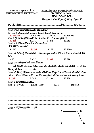 Đề kiểm tra định kì giữa học kì I môn Toán, Tiếng Việt Lớp 4 - Trường TH Trần Tất Văn, Huyện An Lão - Năm học 2020-2021