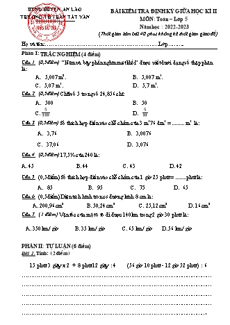 Đề kiểm tra định kì giữa học kì II môn Toán 5 - Trường TH Trần Tất Văn, Huyện An Lão - Năm học 2022-2023 (Ma trận + Hướng dẫn chấm)