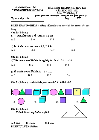 Đề kiểm tra định kì học kì I môn Toán, Tiếng Việt 1 - Trường TH An Thắng, Huyện An Lão (Năm học 2021-2022)