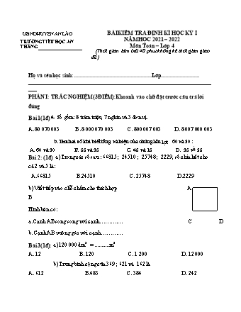 Đề kiểm tra định kì học kì I môn Toán, Tiếng Việt 4 - Trường TH An Thắng, Huyện An Lão (Năm học 2021-2022)