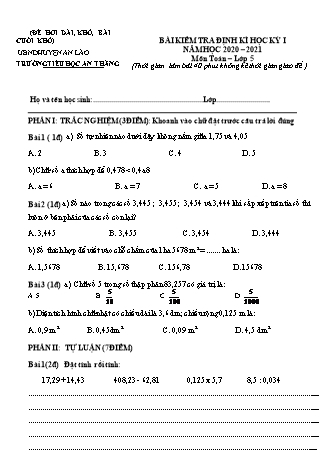 Đề kiểm tra định kì học kì I môn Toán, Tiếng Việt Tiểu Học - Trường TH An Thắng, Huyện An Lão (Năm học 2020-2021)