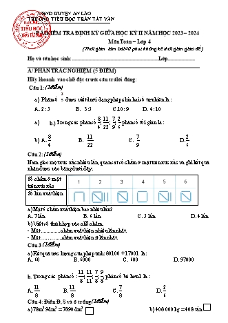 Đề kiểm tra định kỳ giữa học kì II môn Toán, Tiếng Việt 4 - Trường TH Trần Tất Văn, Huyện An Lão - Năm học 2023-2024