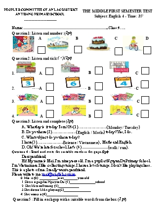 Đề kiểm tra giữa học kì I môn Tiếng Anh 4 - Trường TH An Thắng, Huyện An Lão (Ma trận + Đáp án)