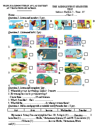 Đề kiểm tra giữa học kì I môn Tiếng Anh 5 - Trường TH An Thắng, Huyện An Lão (Ma trận + Đáp án)