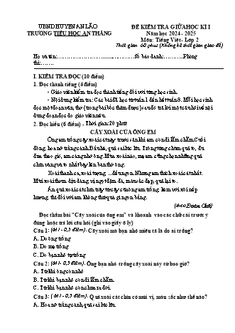 Đề kiểm tra giữa học kì I môn Tiếng Việt 2 - Trường TH An Thắng, Huyện An Lão - Năm học 2024-2025 (Kèm hướng dẫn chấm)(Trần Thị Thủy)