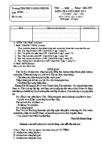 Đề kiểm tra giữa học kì I môn Tiếng Việt 4 (Cánh Diều) - Trường TH&THCS Long Phụng (Năm học 2024-2025)(Ma trận + Hướng dẫn chấm)