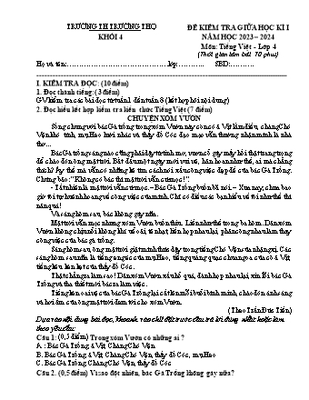 Đề kiểm tra giữa học kì I môn Tiếng Việt 4 - Trường TH Trường Thọ - Năm học 2024-2025 (Có đáp án)