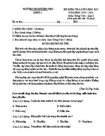 Đề kiểm tra giữa học kì I môn Tiếng Việt 4 - Trường TH Trường Thọ - Năm học 2024-2025 (Đề 2 - Có đáp án)