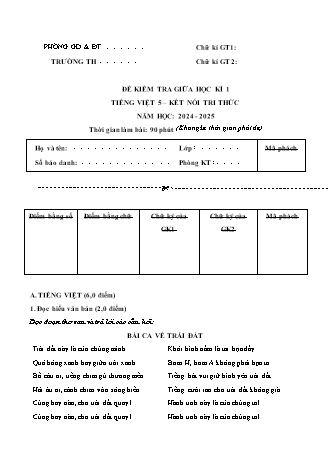 Đề kiểm tra giữa học kì I môn Tiếng Việt 5 (Kết nối tri thức) - Năm học 2024-2025 (Ma trận và Đặc tả kĩ thuật + Hướng dẫn chấm)
