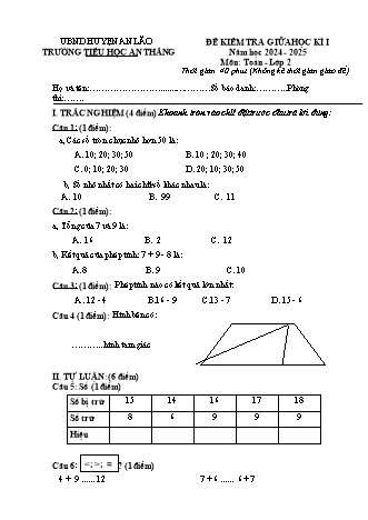 Đề kiểm tra giữa học kì I môn Toán 2 - Trường TH An Thắng, Huyện An Lão (Năm học 2024-2025)