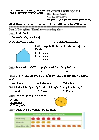 Đề kiểm tra giữa học kì I môn Toán 3 - Trường TH Trường Thọ, Huyện An Lão - Năm học 2024-2025 (Có đáp án)