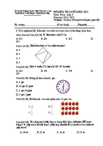 Đề kiểm tra giữa học kì I môn Toán 3 - Trường TH Trường Thọ, Huyện An Lão - Năm học 2024-2025 (Đề 1)