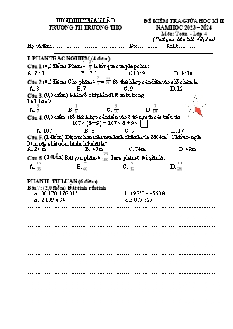 Đề kiểm tra giữa học kì I môn Toán 4 - Trường TH Trường Thọ - Năm học 2024-2025 (Đề 6 - Có đáp án)