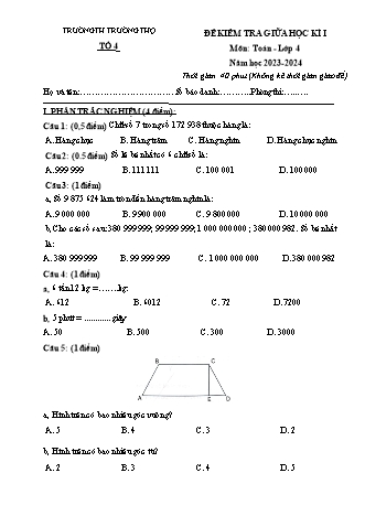Đề kiểm tra giữa học kì I môn Toán 4 - Trường TH Trường Thọ - Năm học 2024-2025 (Đề 2 - Có đáp án)