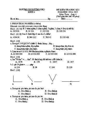 Đề kiểm tra giữa học kì I môn Toán 4 - Trường TH Trường Thọ - Năm học 2024-2025 (Đề 3 - Có đáp án)