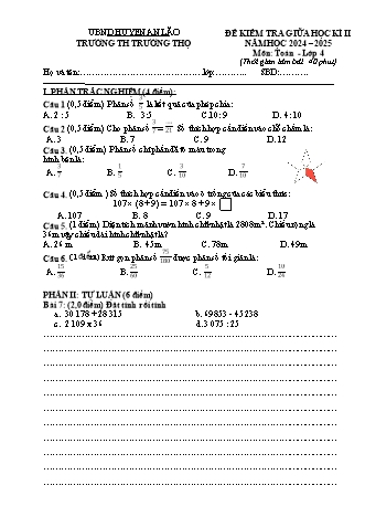 Đề kiểm tra giữa học kì I môn Toán 4 - Trường TH Trường Thọ - Năm học 2024-2025 (Đề 5 - Có đáp án)