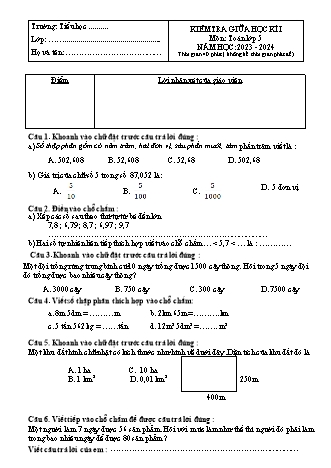 Đề kiểm tra giữa học kì I môn Toán 5 - Năm học 2023-2024(Kèm hướng dẫn chấm)